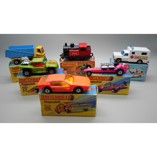 838 - Six Matchbox Superfast die-cast model vehicles, 13, 20, 41, 43, 50, 64