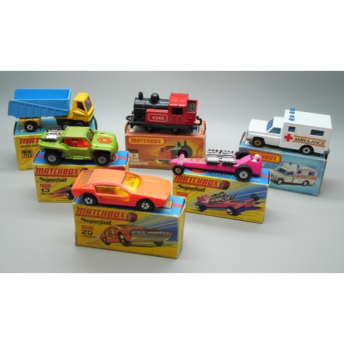 838 - Six Matchbox Superfast die-cast model vehicles, 13, 20, 41, 43, 50, 64