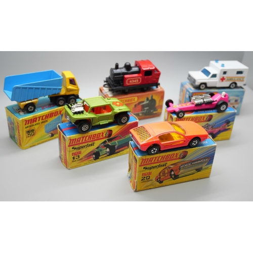 838 - Six Matchbox Superfast die-cast model vehicles, 13, 20, 41, 43, 50, 64