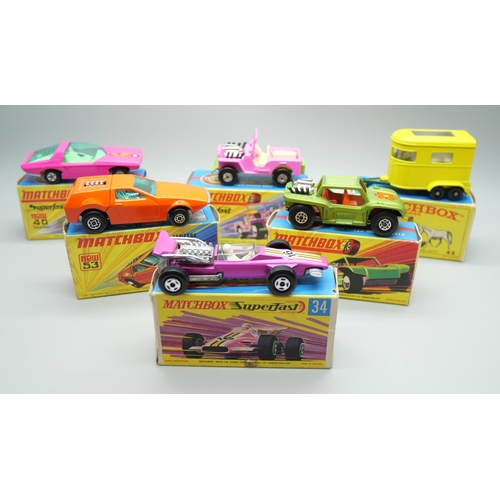 840 - Six Matchbox Superfast die-cast model vehicles, 2, 13, 34, 40, 43, 53