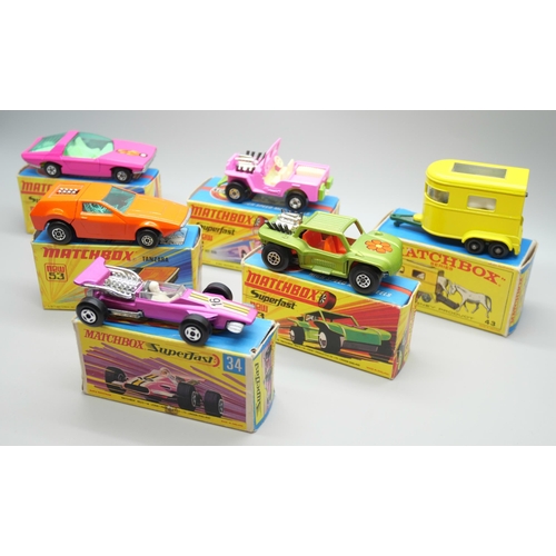 840 - Six Matchbox Superfast die-cast model vehicles, 2, 13, 34, 40, 43, 53