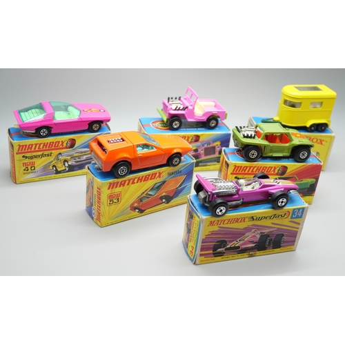 840 - Six Matchbox Superfast die-cast model vehicles, 2, 13, 34, 40, 43, 53