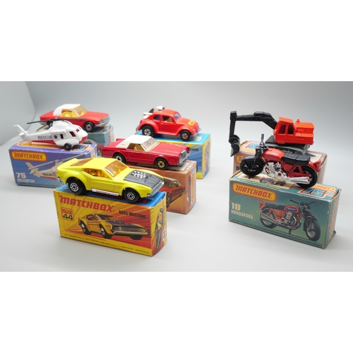 841 - Six Matchbox Superfast die-cast model vehicles, 6, 18, 28, 31, 32, 44