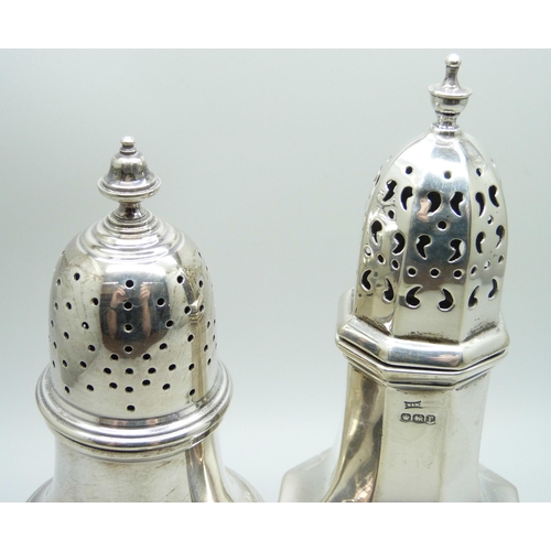 866 - Two silver casters, one by Walker & Hall, 254g