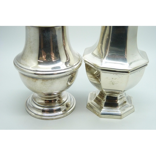 866 - Two silver casters, one by Walker & Hall, 254g