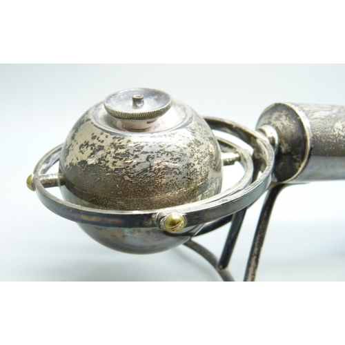 870 - A silver desk lighter/warmer with antler handle, hallmarked London 1935