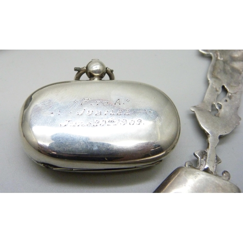 877 - A silver double sovereign case, with inscription dated 1909, hallmarked Chester 1908, a Dutch silver... 