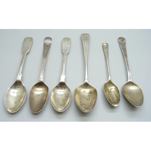 878 - Six silver spoons including three early 19th Century, 92g