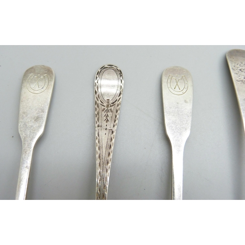 878 - Six silver spoons including three early 19th Century, 92g