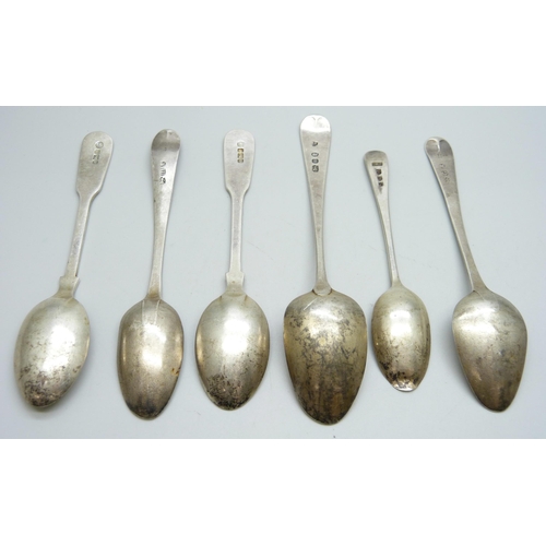 878 - Six silver spoons including three early 19th Century, 92g