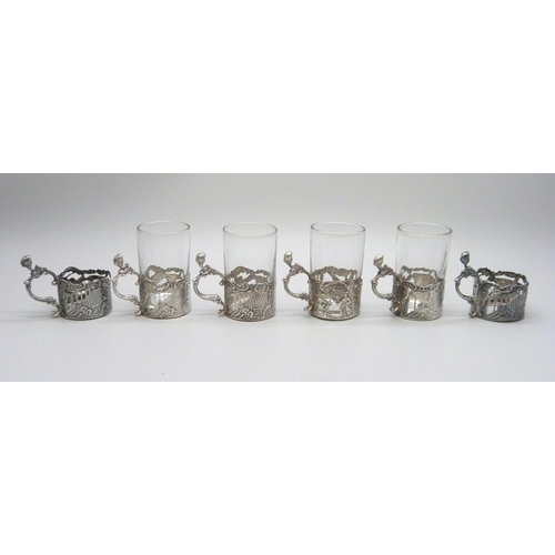 896 - Six Victorian silver glass shot holders, import mark for London 1890, with four glasses