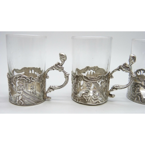 896 - Six Victorian silver glass shot holders, import mark for London 1890, with four glasses