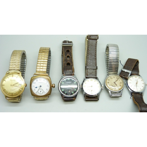 907 - Six wristwatches, (three a/f, Waltham lacking case back)