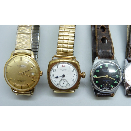 907 - Six wristwatches, (three a/f, Waltham lacking case back)