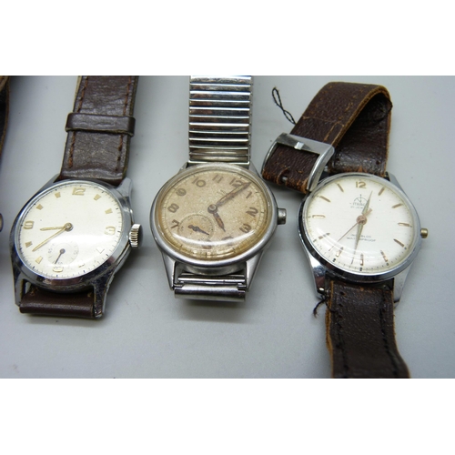 907 - Six wristwatches, (three a/f, Waltham lacking case back)