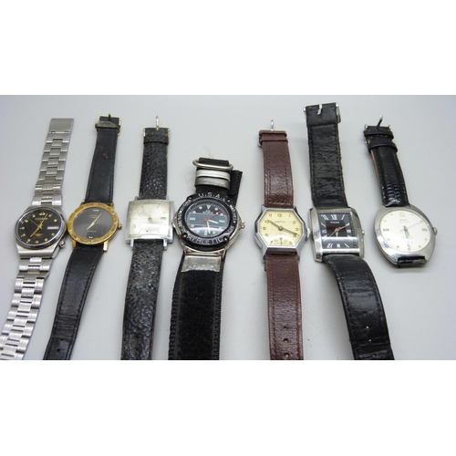 908 - Seven wristwatches, including Aviation, hand loose, and HMT Pilot