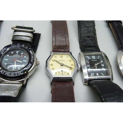 908 - Seven wristwatches, including Aviation, hand loose, and HMT Pilot