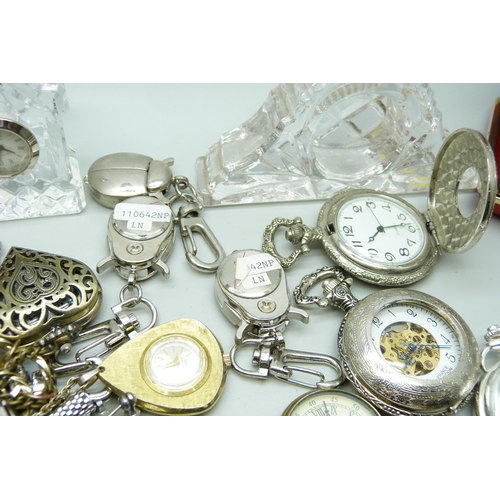 917 - A collection of pocket watches, pendant watches, clocks, etc.