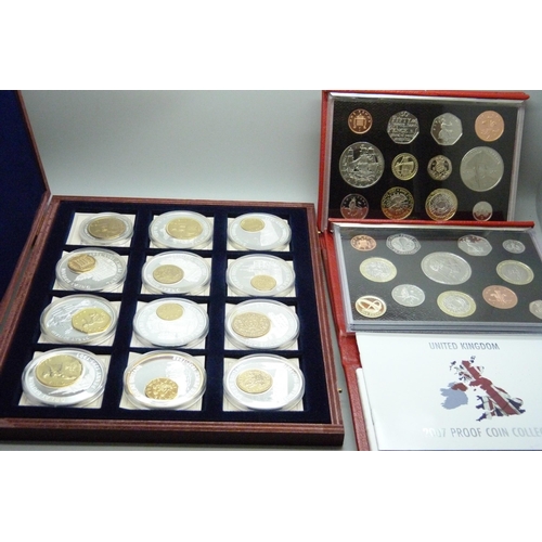 930 - A cased set of gold plated pre-decimalisation coins and other British coins plus two British proof s... 