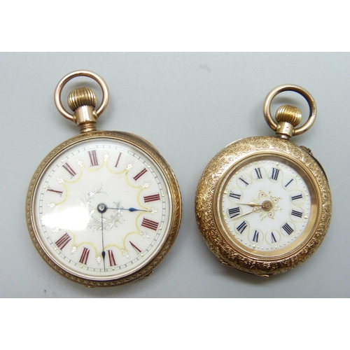 961 - Two gold fob watches, 10ct gold Waltham, 37mm case and 14ct gold, 33mm case