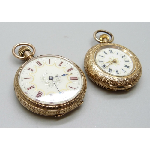 961 - Two gold fob watches, 10ct gold Waltham, 37mm case and 14ct gold, 33mm case