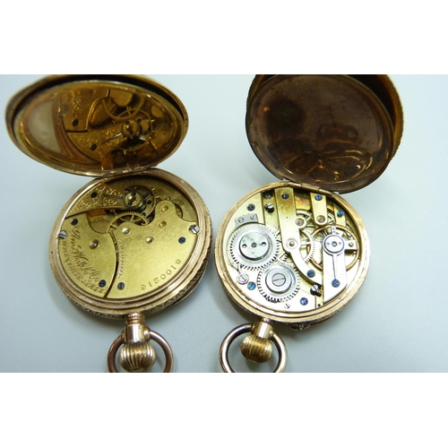 961 - Two gold fob watches, 10ct gold Waltham, 37mm case and 14ct gold, 33mm case