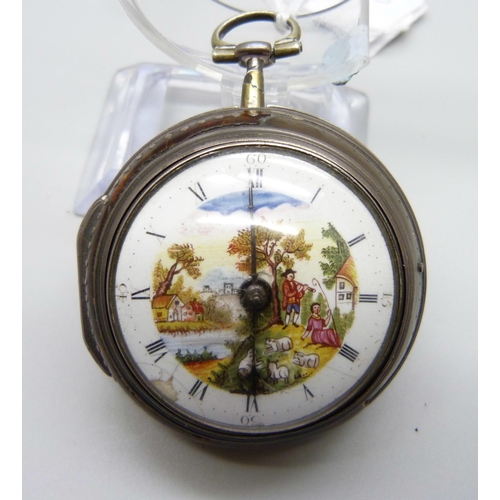 968 - An early verge fusee onion pair cased pocket watch, Robert Burfield, Arundell, hand painted dial, si... 