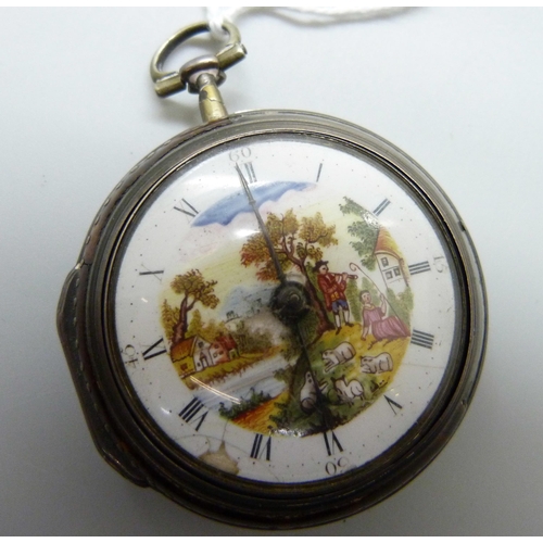 968 - An early verge fusee onion pair cased pocket watch, Robert Burfield, Arundell, hand painted dial, si... 