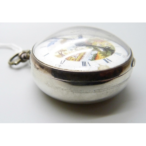 968 - An early verge fusee onion pair cased pocket watch, Robert Burfield, Arundell, hand painted dial, si... 