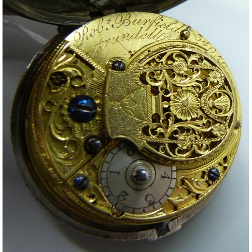 968 - An early verge fusee onion pair cased pocket watch, Robert Burfield, Arundell, hand painted dial, si... 