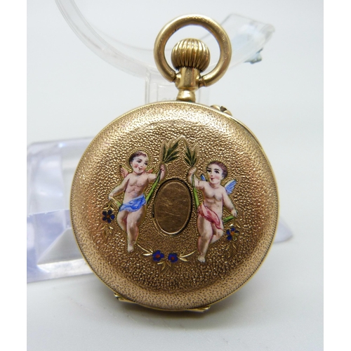 972 - A 14ct gold lady's fob watch, enamelled with two angels and flowers on the case back, total weight 2... 