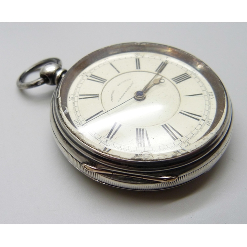 983 - A silver cased centre seconds chronograph pocket watch, Chester 1889, inner case bears inscription