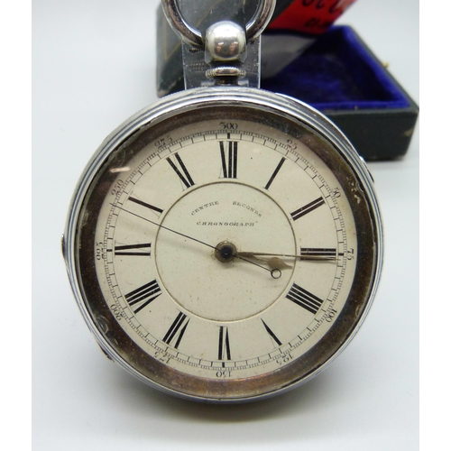 983 - A silver cased centre seconds chronograph pocket watch, Chester 1889, inner case bears inscription