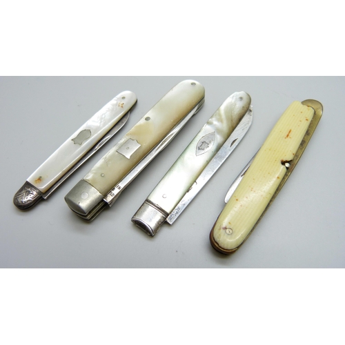 991 - Three silver and mother of pearl pocket knives and one other