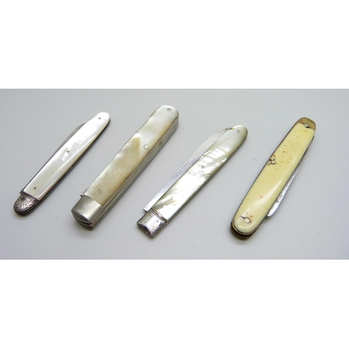 991 - Three silver and mother of pearl pocket knives and one other