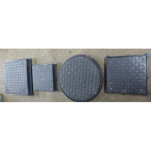 2297 - A quantity of assorted manhole covers including a 50cm diameter circular cover, two 35 x 35cm square... 