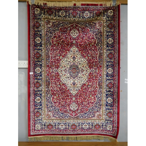 1370 - Red ground full pile cashmere rug with original medallion design 180x120cm