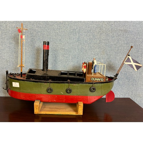 97 - A live steam model Clyde Puffer cargo ship, with boiler and steam engine 56cms l