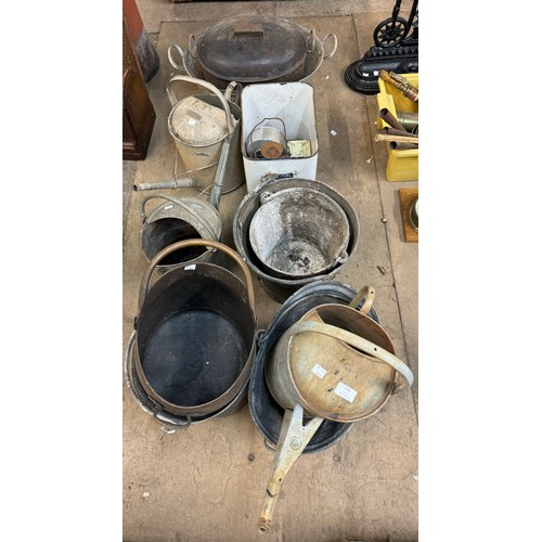 A large quantity of galvanised buckets, watering cans, bread bins and a copper coal scuttle