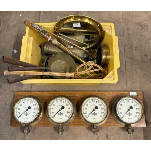 279 - Four mounted Independent Sprinklers brass pressure gauges, one spare, together with assorted metalwa... 