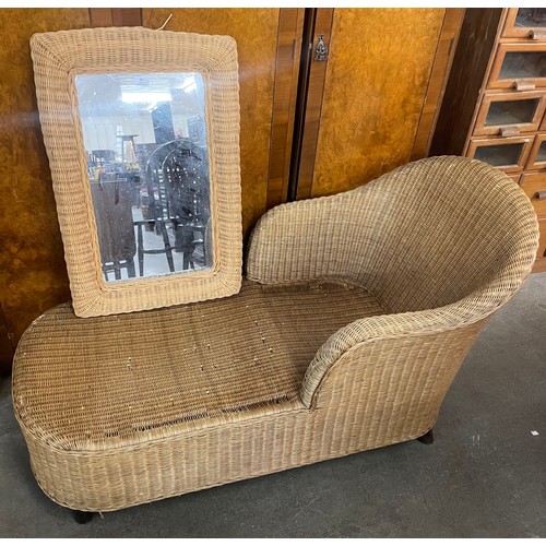 80 - A wicker chaise longue and a wicker framed mirror