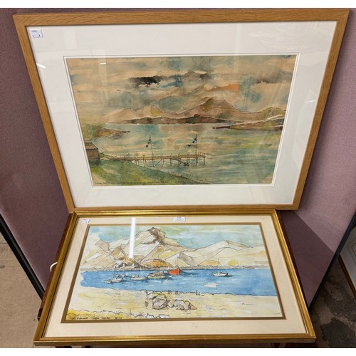 314 - Two watercolours, views of Tierra de Fuego and St Vincent, Cape Verde, framed