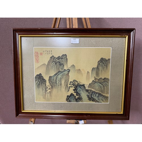 315 - A Japanese painting on silk, framed and an artists easel