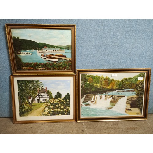 321 - C. Baker, two countryside landscapes and a harbour scene, oil on board, all framed