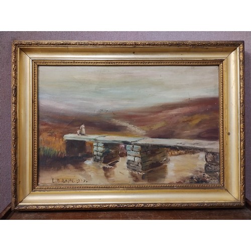 308 - E.B. Baple, mother and child crossing a bridge, oil on canvas, framed