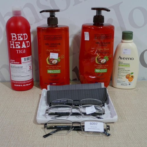 6097 - Fgx Mens Reading Glasses, Aveeno Bodywash, Tigi Bed Head S&C Resurr, Evoluderm Argan Shower gel (331... 