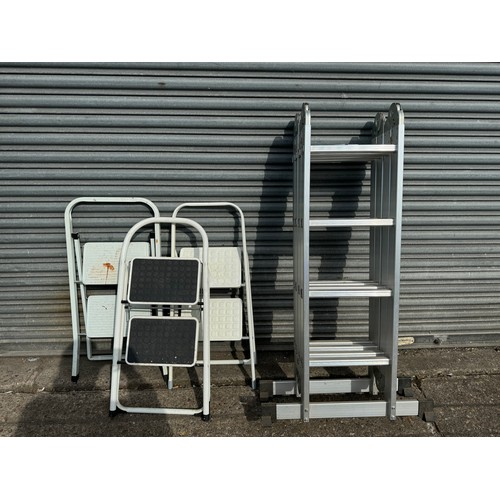 2283 - An aluminium multi-purpose ladder and 3 metal 2-rung step ladders