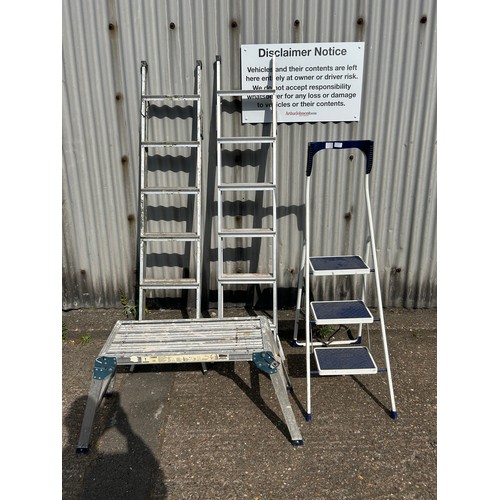 2282 - Two 6-rung aluminium 3-way ladders, a 3-rung metal step ladder and an aluminium folding platform hop... 