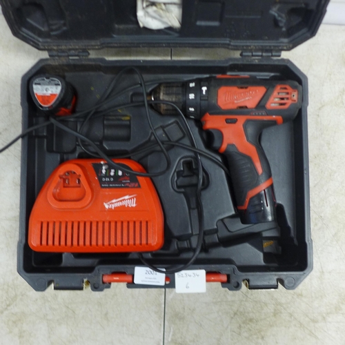 2001 - A Milwaukee M12BPD cordless power drill with two 12v Li-ion batteries and charger