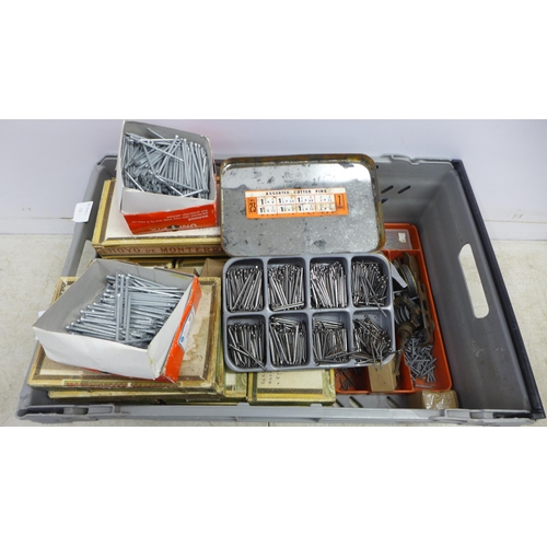 2013 - A box of assorted screws, oval nails, masonry nails and tacks etc.